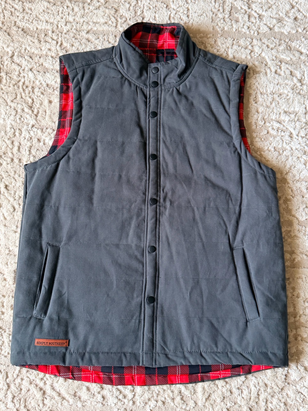 NWOT Simply Southern Gray Quilted Vest with Red Plaid Lining